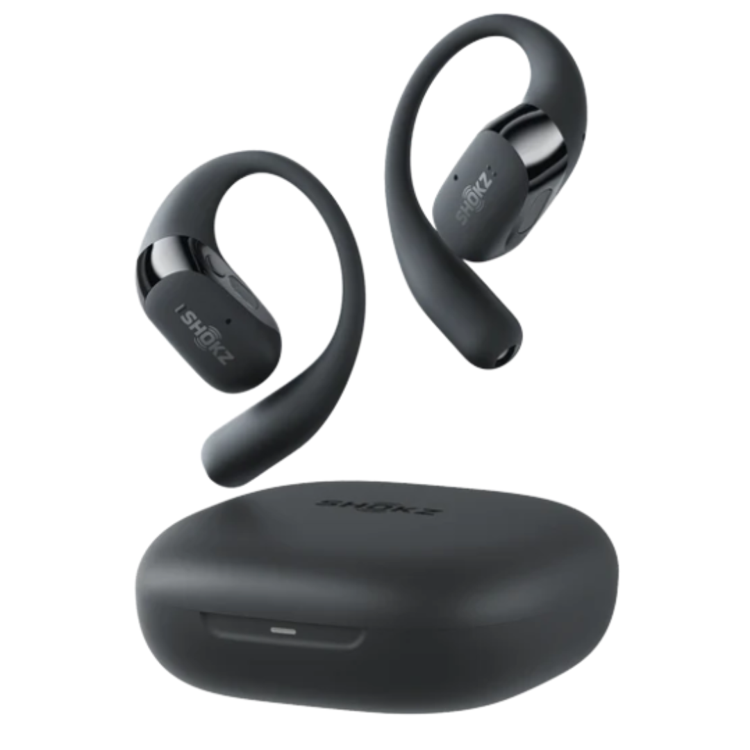 Shokz open-ear black wireless Bluetooth earbuds with charging case, latest model