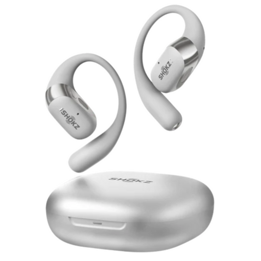 Shokz open-ear white wireless Bluetooth earbuds with silver accents and charging case, latest model