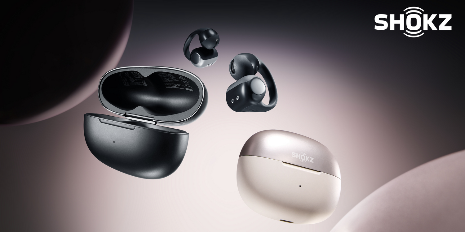 Shokz OpenFit Pro wireless earbuds with charging cases, floating against a modern gradient background with Shokz logo.