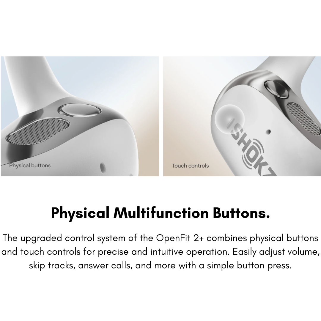 Close-up of Shokz OpenFit 2+ earbuds showing physical multifunction buttons and intuitive touch controls for volume and calls