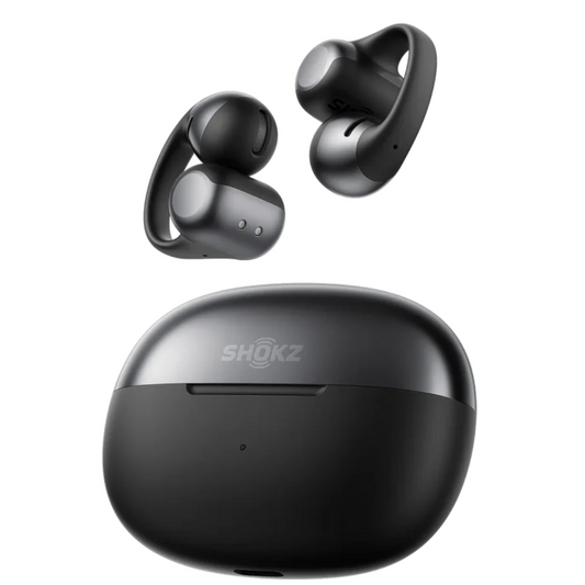 Shokz true wireless earbuds in black with ergonomic ear hooks and matching charging case, displayed on a white background.