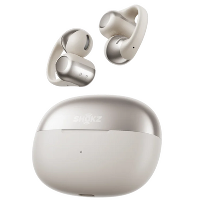 Shokz true wireless earbuds in silver with ergonomic ear hooks, displayed above their matching charging case on a white background.