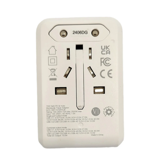 Travelmall universal plug adapter with multiple international sockets, 70W GaN fast charging, four USB ports, and safety certifications for worldwide use, shown with UK, US, EU, and AU plug compatibility.