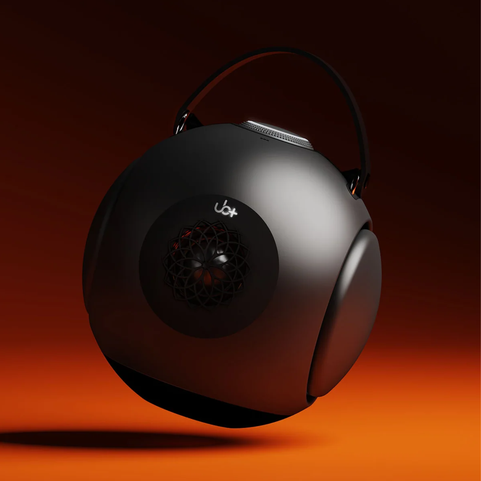 UB+ DB1 Doublebass portable speaker in metallic grey, featured against a dark orange gradient background with a black carrying handle.