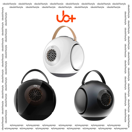 UB+ DB1 Doublebass portable speakers in white, glossy black, and metallic grey finishes with carrying handles, displayed on a white background with idealelifestyle branding