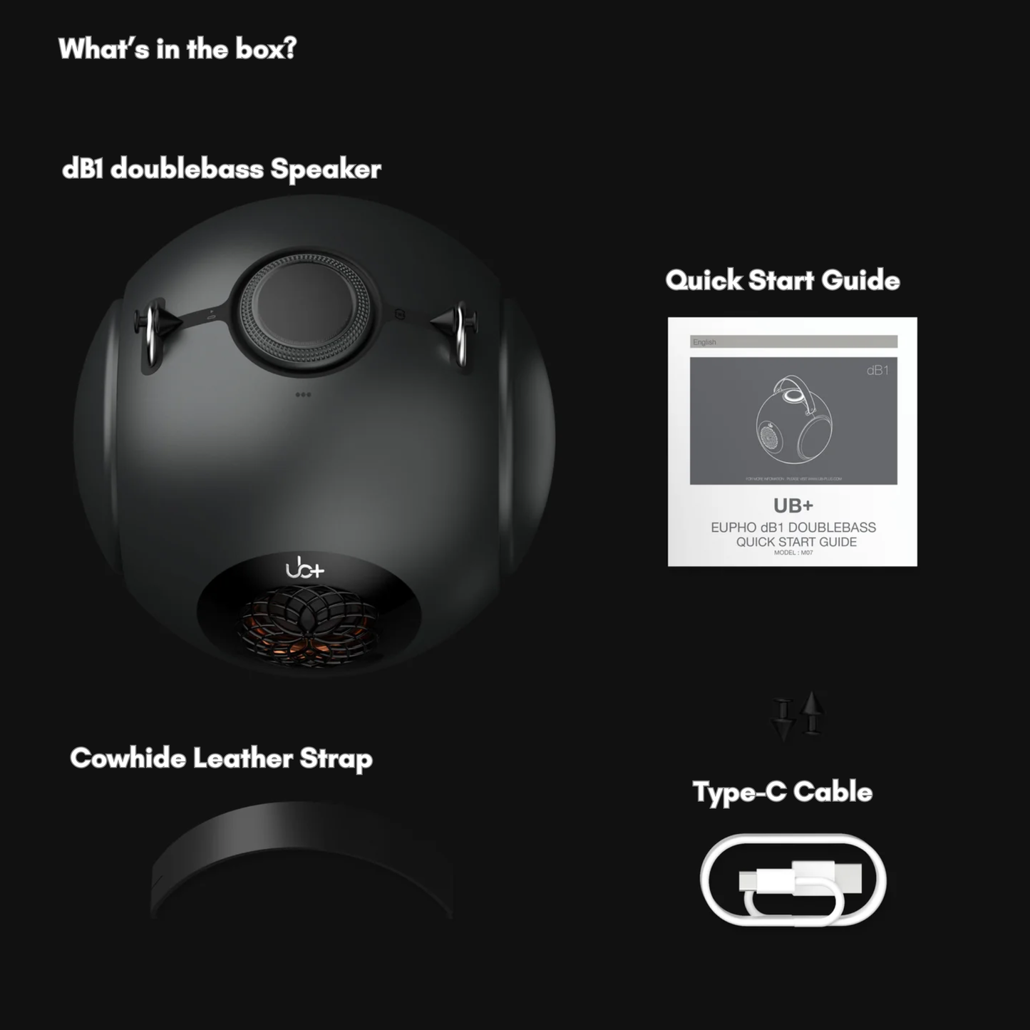 UB+ dB1 Doublebass speaker package contents including the speaker, cowhide leather strap, Type-C cable, and quick start guide, displayed on a black background.