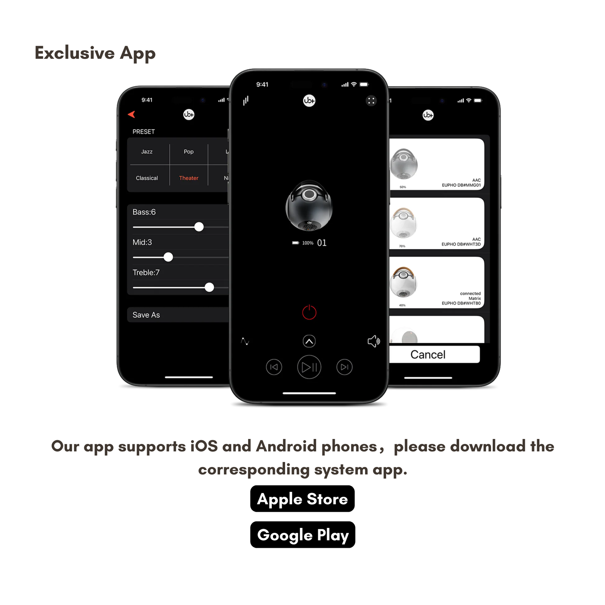 Three smartphones displaying the UB+ exclusive app interface for music EQ presets, speaker controls, and device management, with download options for Apple Store and Google Play.