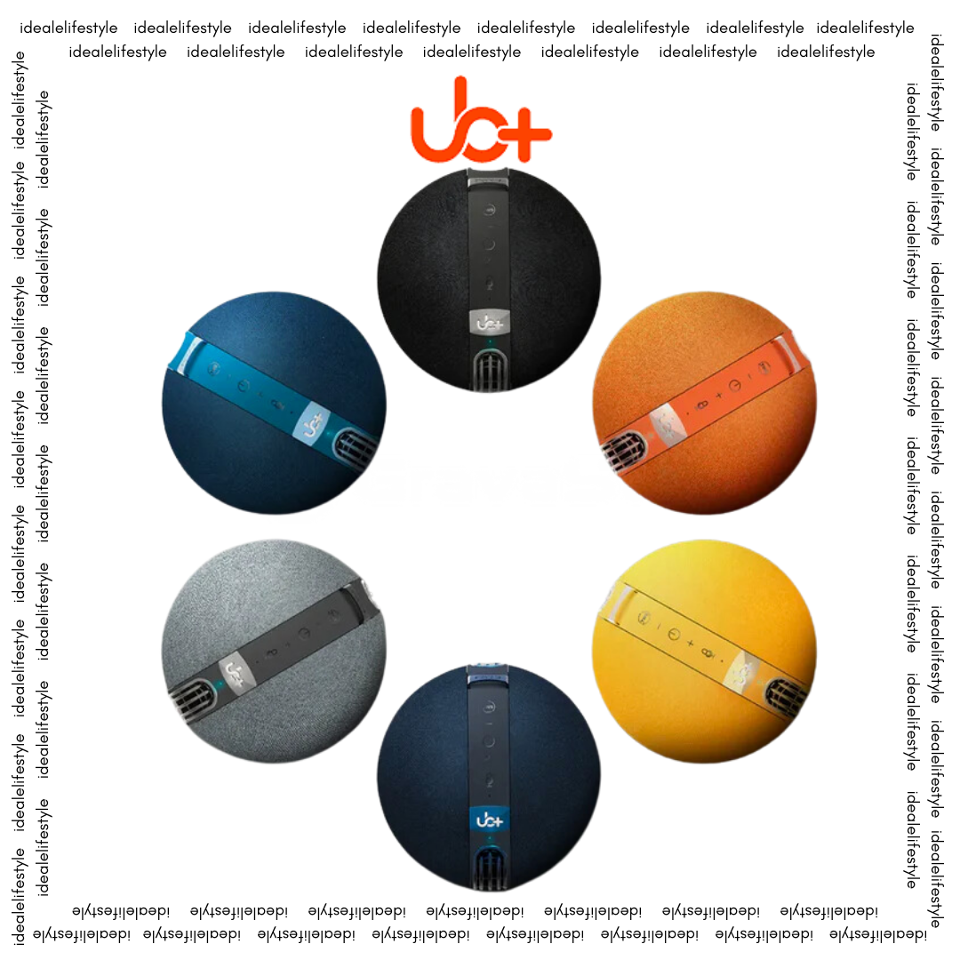 UB+ S1 Circle Bluetooth speakers in six different colors, arranged in circles and showing the top controls, with idealelifestyle branding and the UB+ logo.
