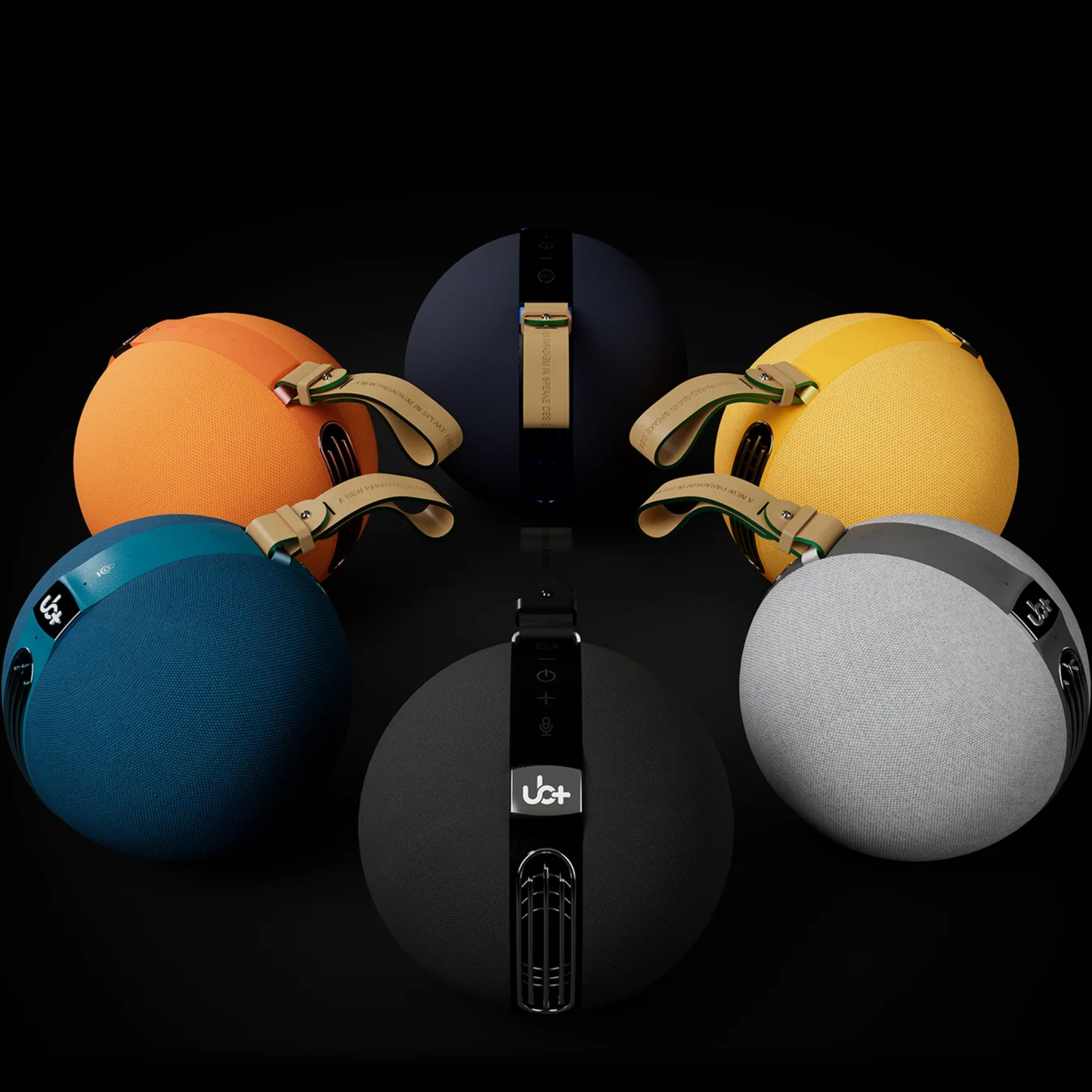 UB+ S1 Circle Bluetooth speakers shown in six vibrant colors, all arranged on a dark background with contrasting carrying straps and modern spherical design.