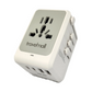 Travelmall universal power adapter with multi-standard international socket, retractable plug sliders for UK, US, EU, and AU, and multiple USB ports for charging phones, tablets, and devices during international travel.