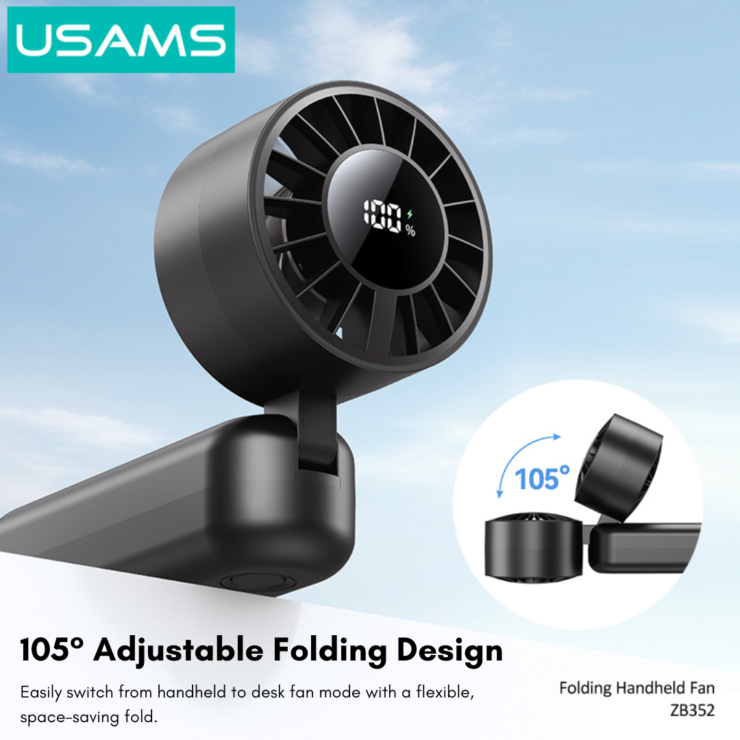 USAMS ZB352 black folding handheld fan with digital display, showing 105-degree adjustable design for desk or handheld use