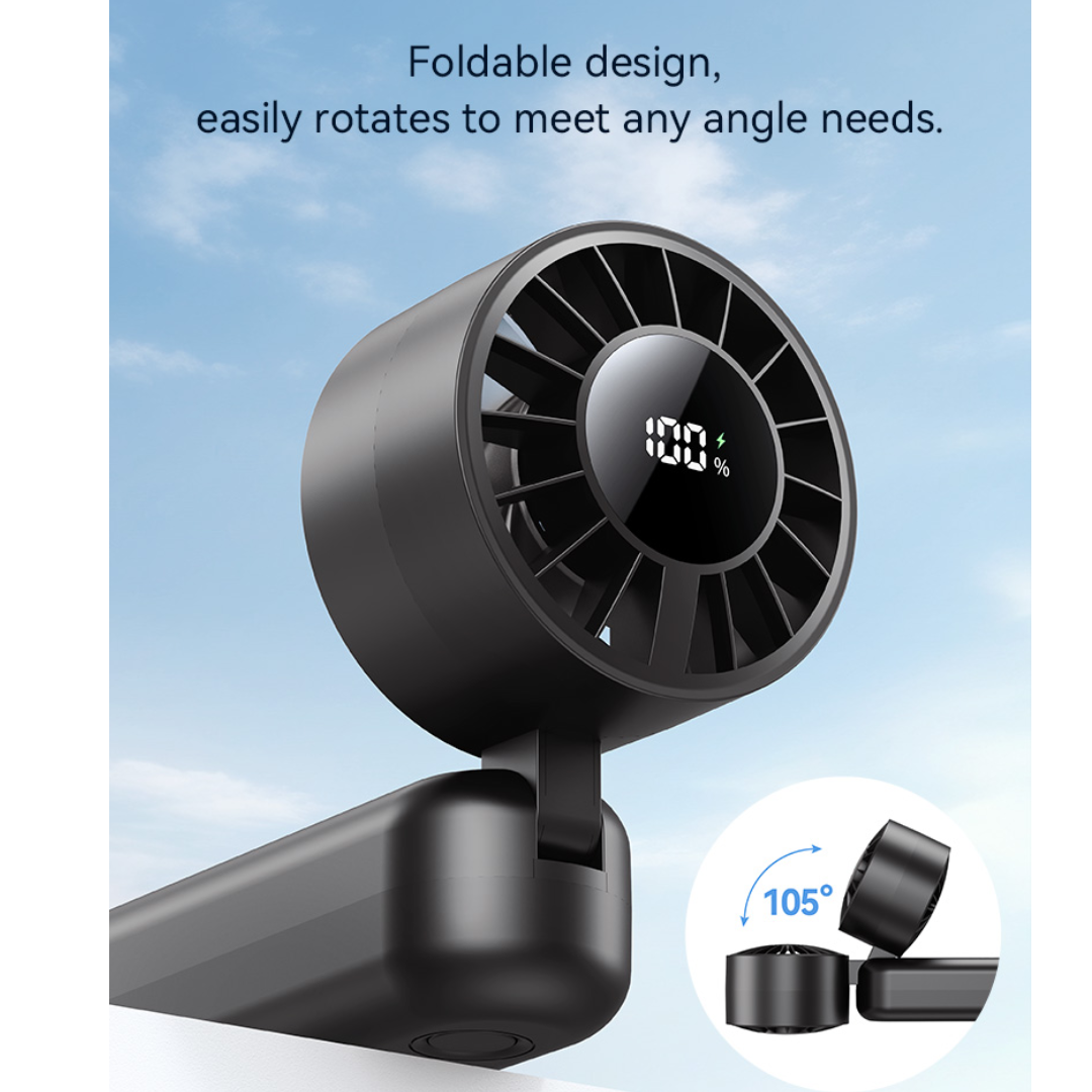 USAMS ZB352 black folding handheld fan with digital display, featuring 105-degree rotatable foldable design for versatile use