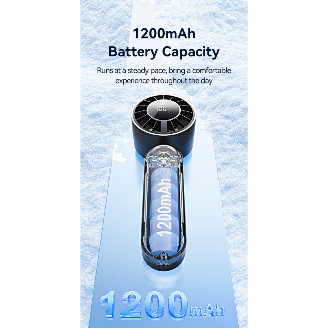 USAMS ZB352 black folding handheld fan showcasing 1200mAh high-capacity battery for long-lasting portable cooling