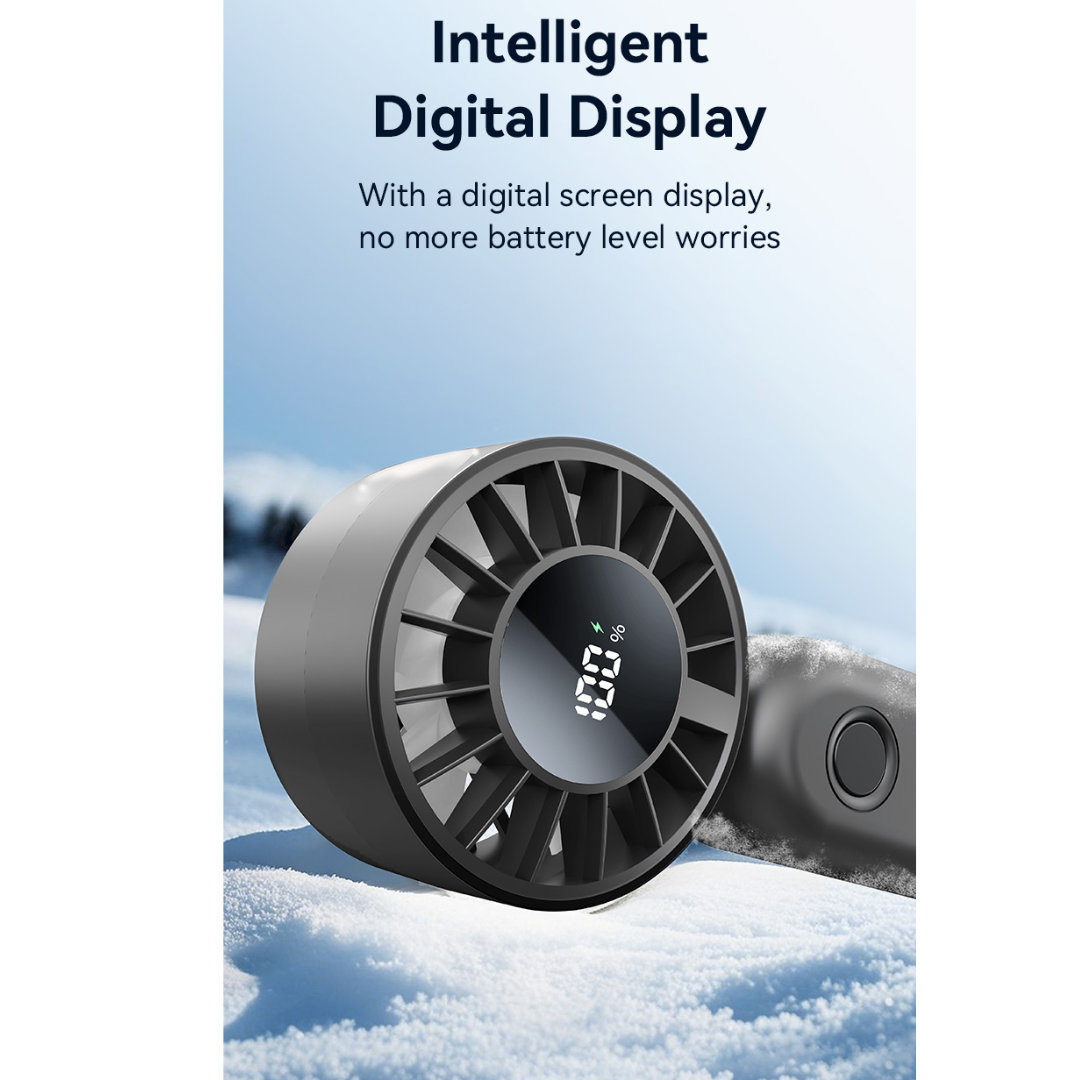USAMS ZB352 black folding handheld fan with intelligent digital display showing battery level, portable outdoor use