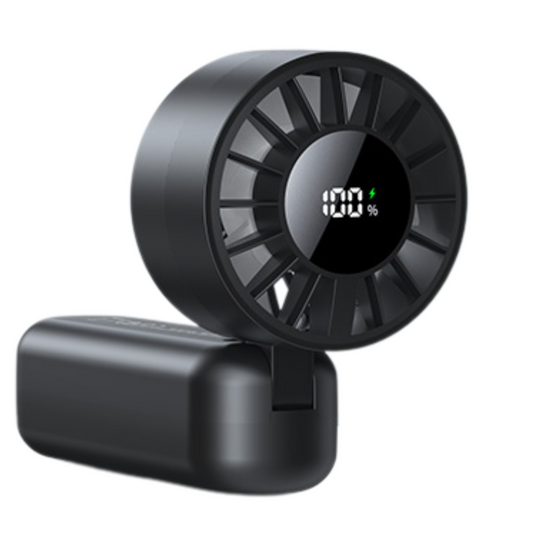 USAMS ZB352 black folding handheld fan with digital display and USB rechargeable battery shown in close-up