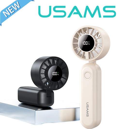 USAMS ZB352 folding handheld fan with digital display, USB rechargeable, shown in black and white colors for desk or travel use