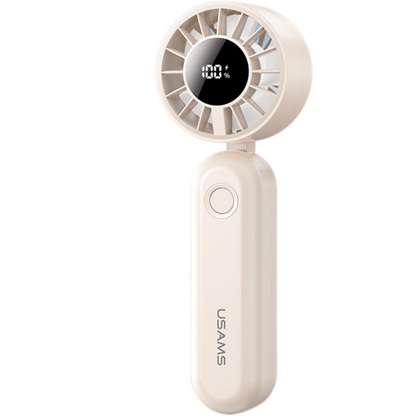 USAMS ZB352 white folding handheld fan with digital display and USB rechargeable battery, upright side button view