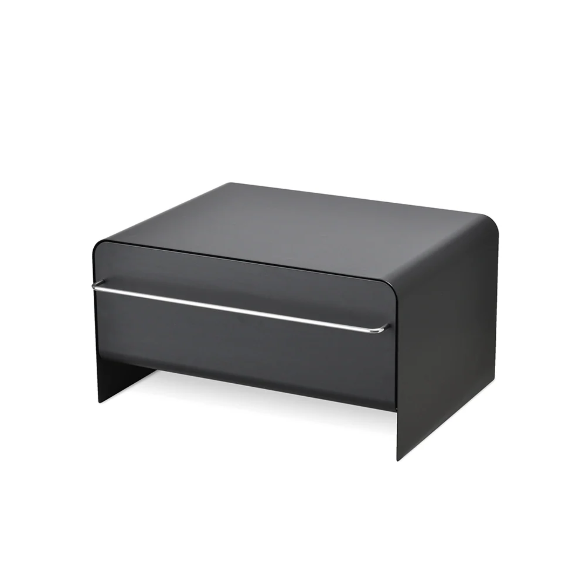 UtaU Bread Drawer in calm grey, modern steel kitchen bread storage box with front pull-out drawer and chrome bar handle, minimalist countertop organiser.