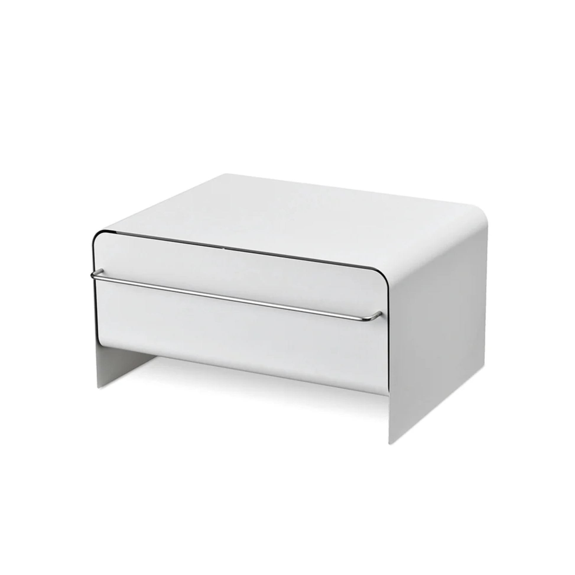 UtaU Bread Drawer in pure white, modern steel kitchen bread storage box with front pull-out drawer and metal bar handle, minimalist countertop organiser.