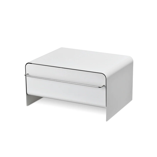 UtaU Bread Drawer in pure white, modern steel kitchen bread storage box with front pull-out drawer and metal bar handle, minimalist countertop organiser.