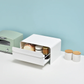 UtaU Bread Drawer in white on minimalist kitchen counter, open to show stored bread and jars beside retro toaster and condiment canisters