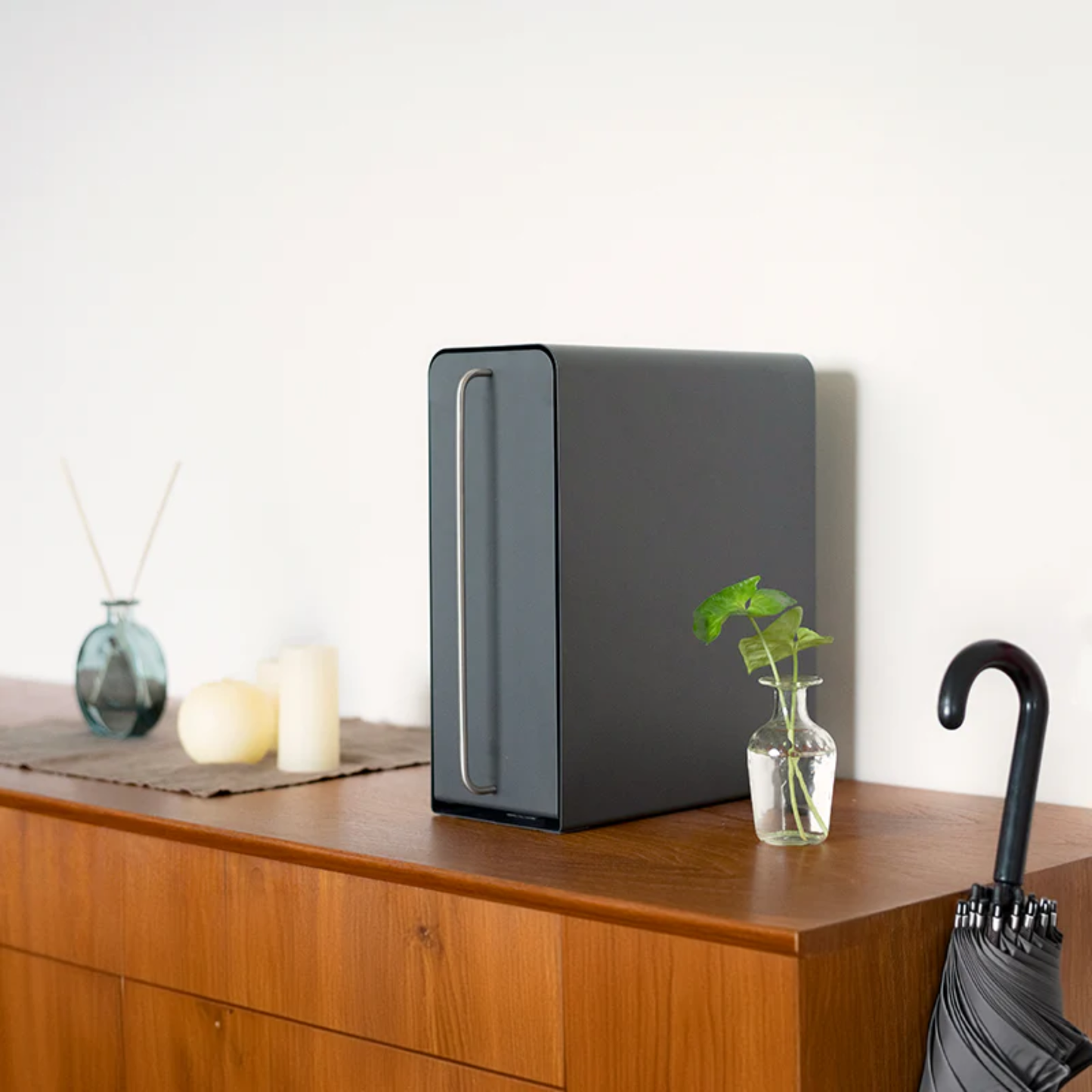 UtaU calm grey vertical stand drawer organizer on wooden console table for minimalist entryway storage