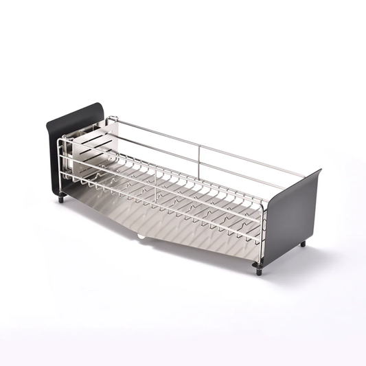 UtaU Dish Drainer Short calm gray with stainless steel rack and drip tray on white background