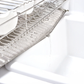 Close-up of UtaU Dish Drainer Short pure white showing stainless steel rack and sloped drip tray draining water into sink