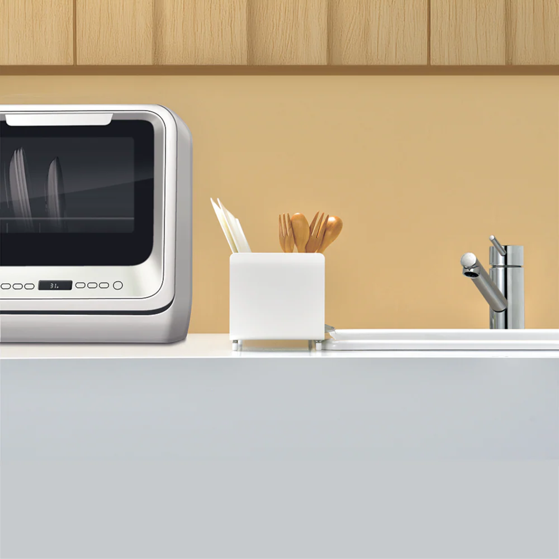 UtaU Dish Drainer Short pure white utensil holder on modern kitchen countertop beside sink and dishwasher