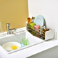 UtaU Dish Drainer Short pure white over-the-sink rack holding plates, mugs and utensils on modern kitchen countertop.