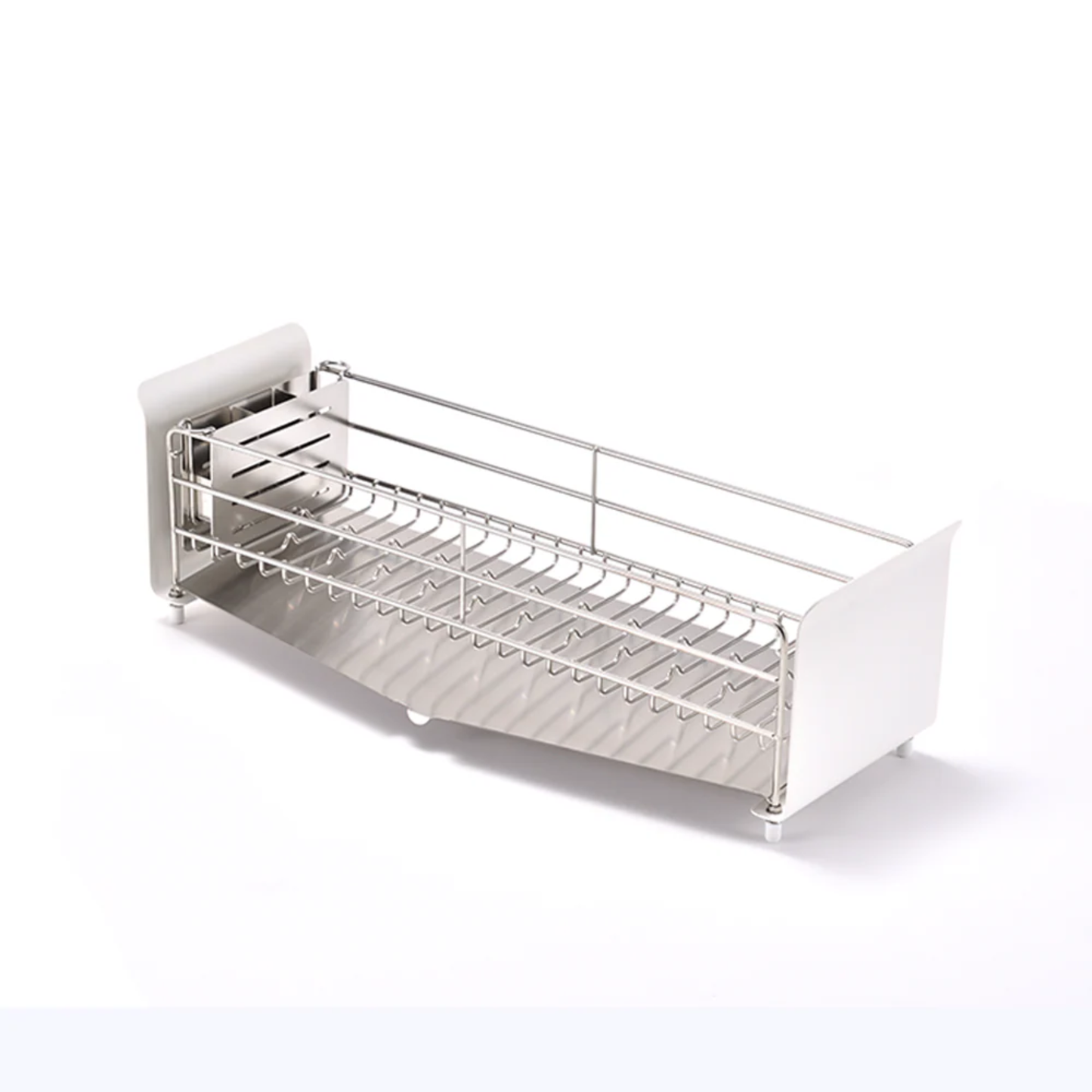 UtaU Dish Drainer Short in pure white with stainless steel rack and draining tray on white background
