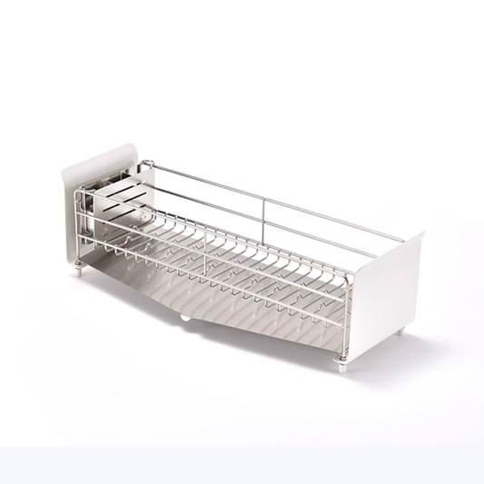 UtaU Dish Drainer Short in pure white with stainless steel rack and draining tray on white background