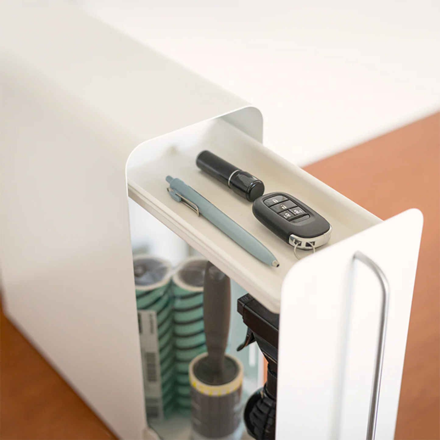 UtaU white vertical stand drawer organizer with top tray holding keys, pen and lipstick for entryway and small item storage