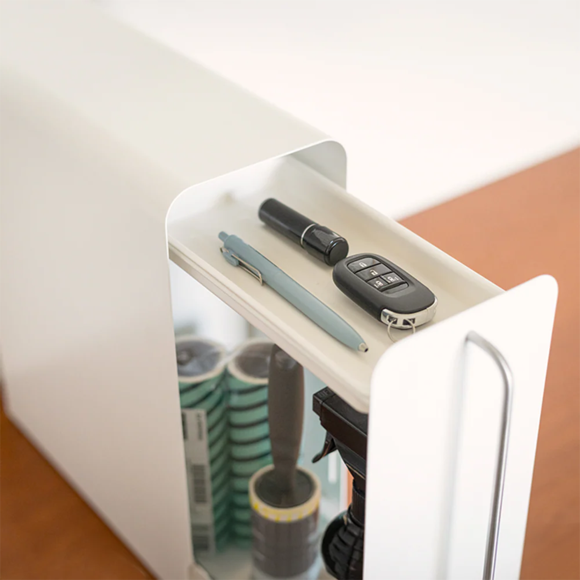 UtaU white vertical stand drawer organizer with top tray holding keys, pen and lipstick for entryway and small item storage