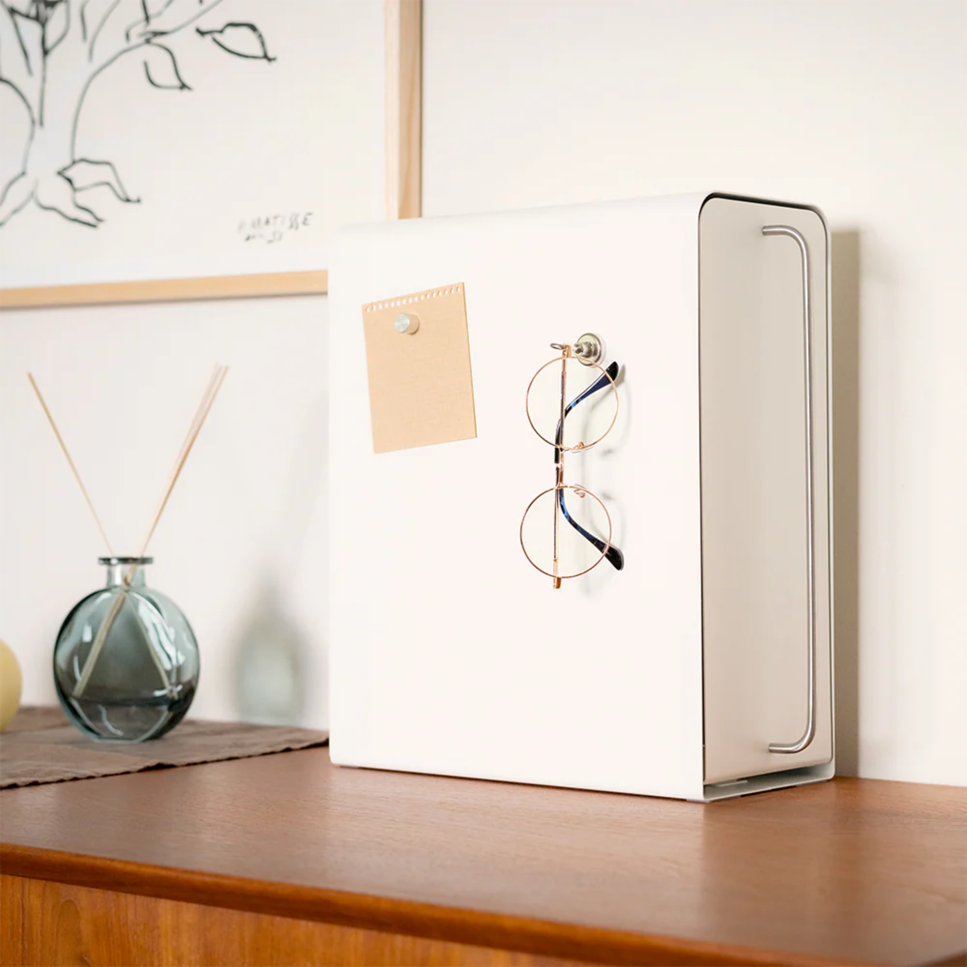 UtaU white vertical stand drawer organizer with magnetic side holding memo and glasses on wooden sideboard