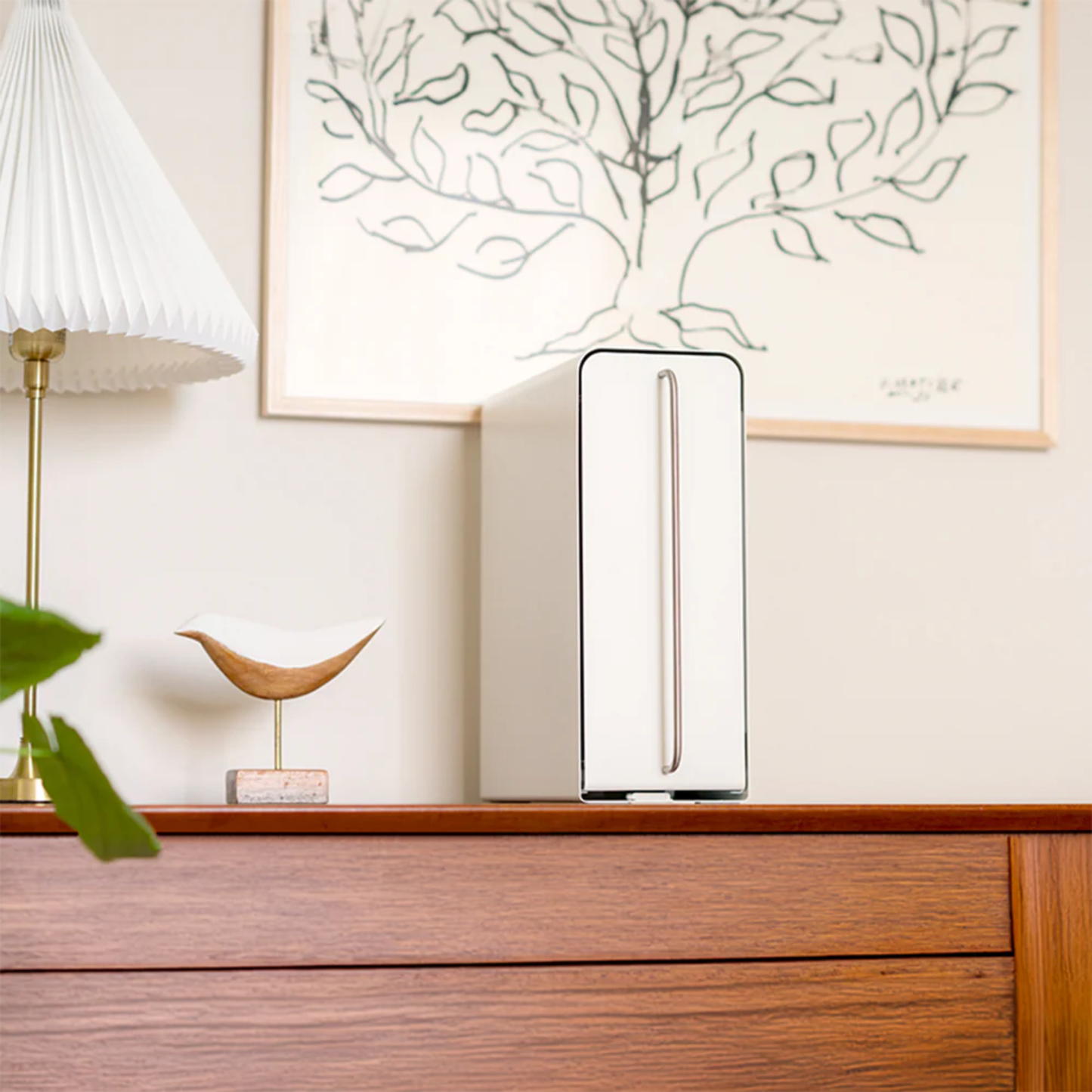 UtaU white vertical stand drawer organizer on wooden sideboard in modern living room for minimalist home storage