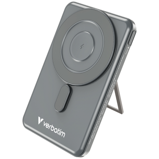 Verbatim 10000mAh magnetic wireless power bank with foldable stand and MagSafe-compatible charging, shown upright, ideal for iPhone and Android devices