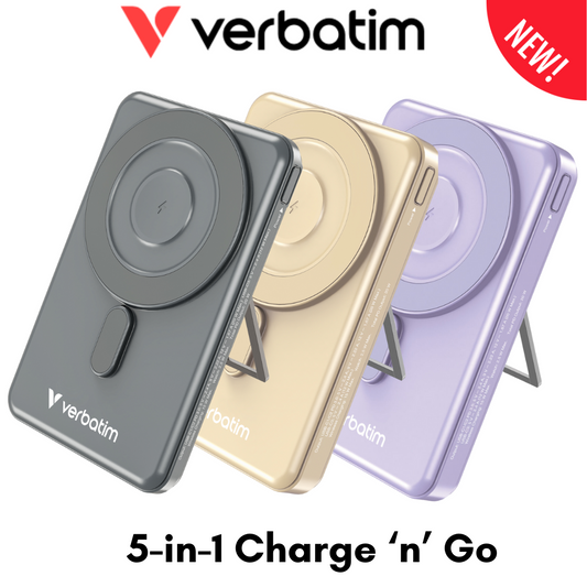 Verbatim 5-in-1 Charge 'n' Go magnetic wireless power banks in black, gold, and purple with foldable stands, MagSafe-compatible for iPhone and Android
