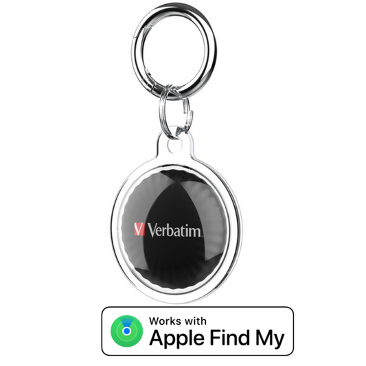 Sleek black Verbatim Bluetooth coin tracker with keyring, waterproof, compatible with Apple Find My, ideal for tracking keys and valuables