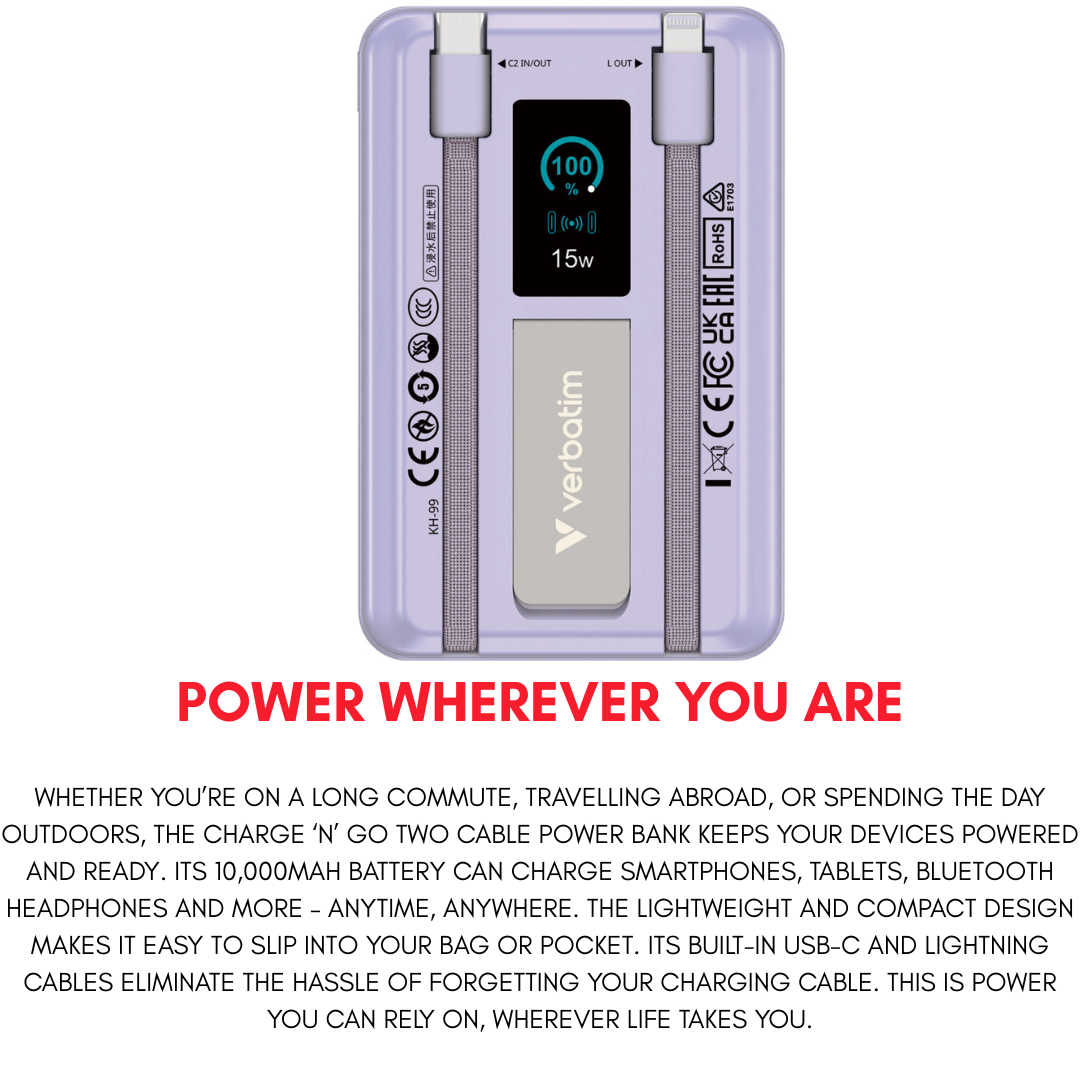 Back view of purple Verbatim Charge 'n' Go 10000mAh magnetic wireless power bank showing LED display, built-in USB-C and Lightning cables, and Power Wherever You Are tagline