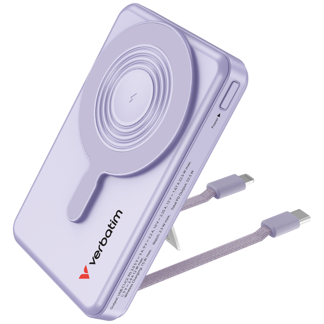 Purple Verbatim Charge 'n' Go 5-in-1 magnetic wireless power bank with built-in USB-C and Lightning cables and kickstand, MagSafe-compatible portable charger