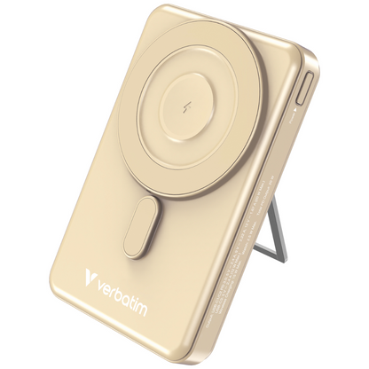 Verbatim gold 10000mAh magnetic wireless power bank with MagSafe-compatible charging and integrated foldable stand, upright for iPhone and Android