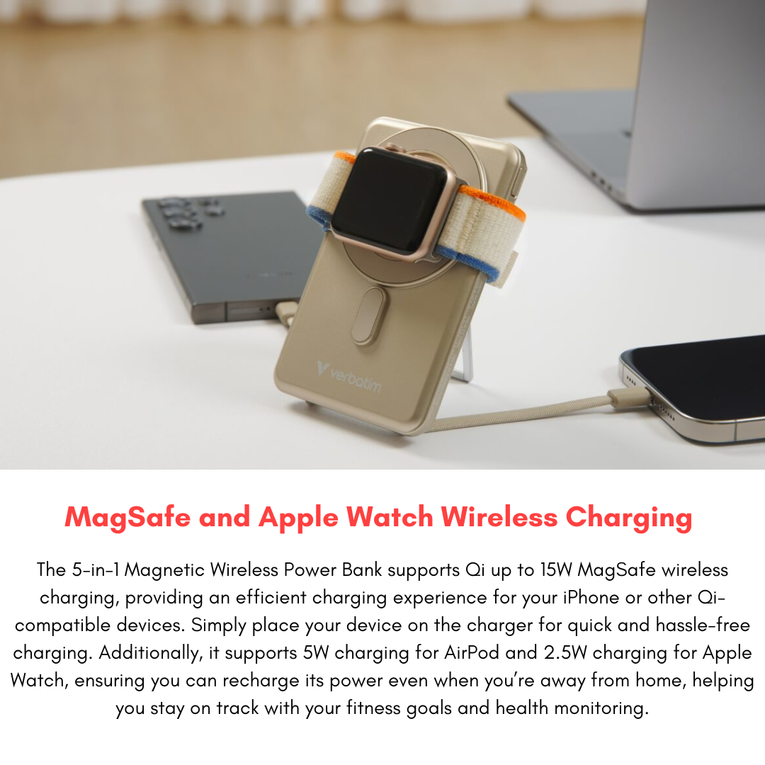 on a desk, Verbatim gold 10000mAh magnetic wireless power bank charging Apple Watch with MagSafe-compatible wireless charging and foldable stand, ideal for iPhone and Android