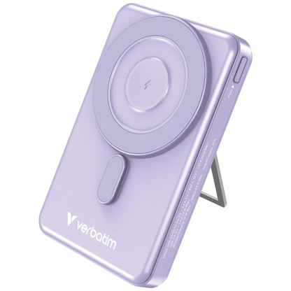 Verbatim purple 10000mAh magnetic wireless power bank with foldable stand, MagSafe-compatible for iPhone and Android devices