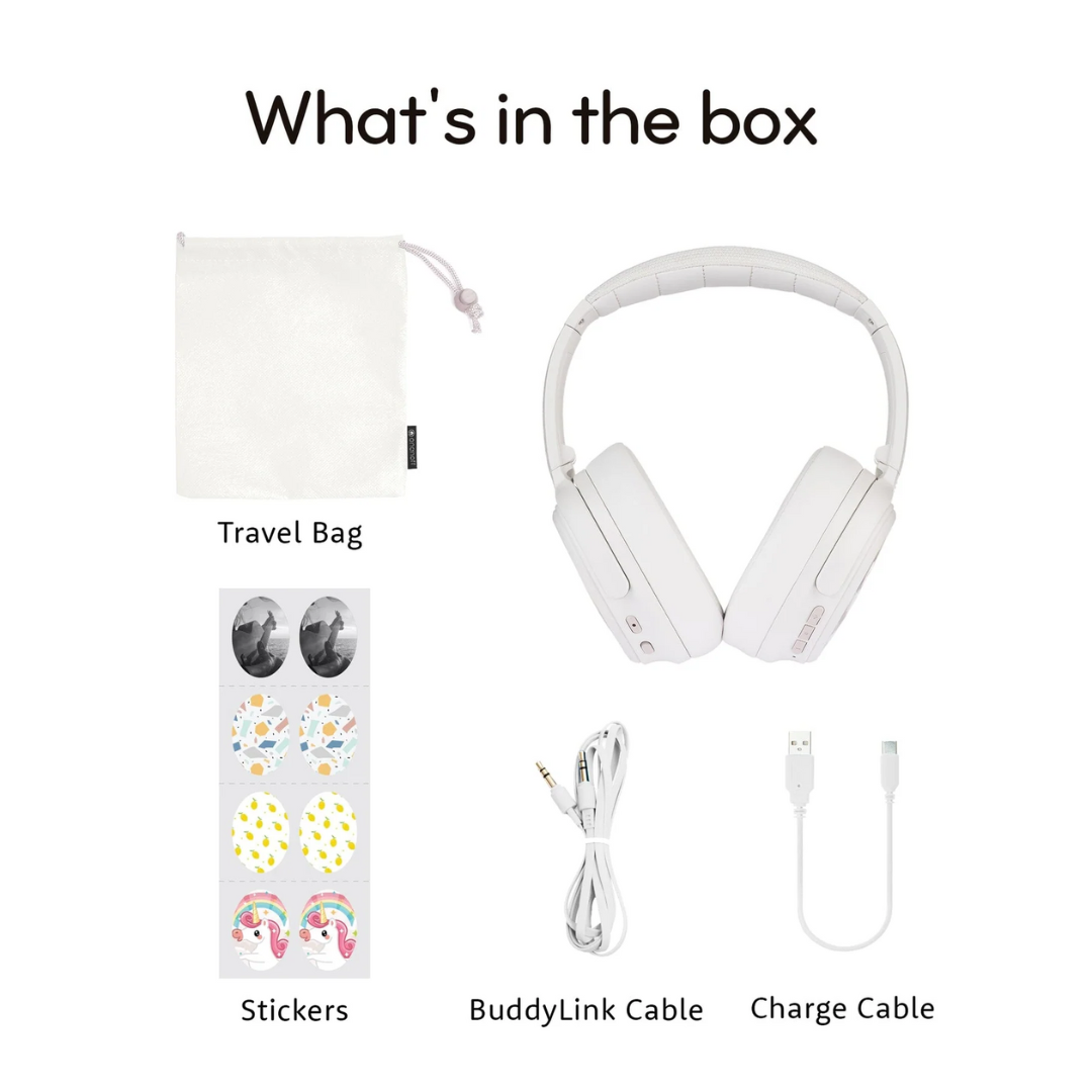 Contents of headphone box displayed on a white background: white over-ear headphones, a white travel bag, a sheet of colorful stickers, a white BuddyLink audio cable, and a white USB charge cable, with each item labeled