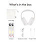 Contents of headphone box displayed on a white background: white over-ear headphones, a white travel bag, a sheet of colorful stickers, a white BuddyLink audio cable, and a white USB charge cable, with each item labeled