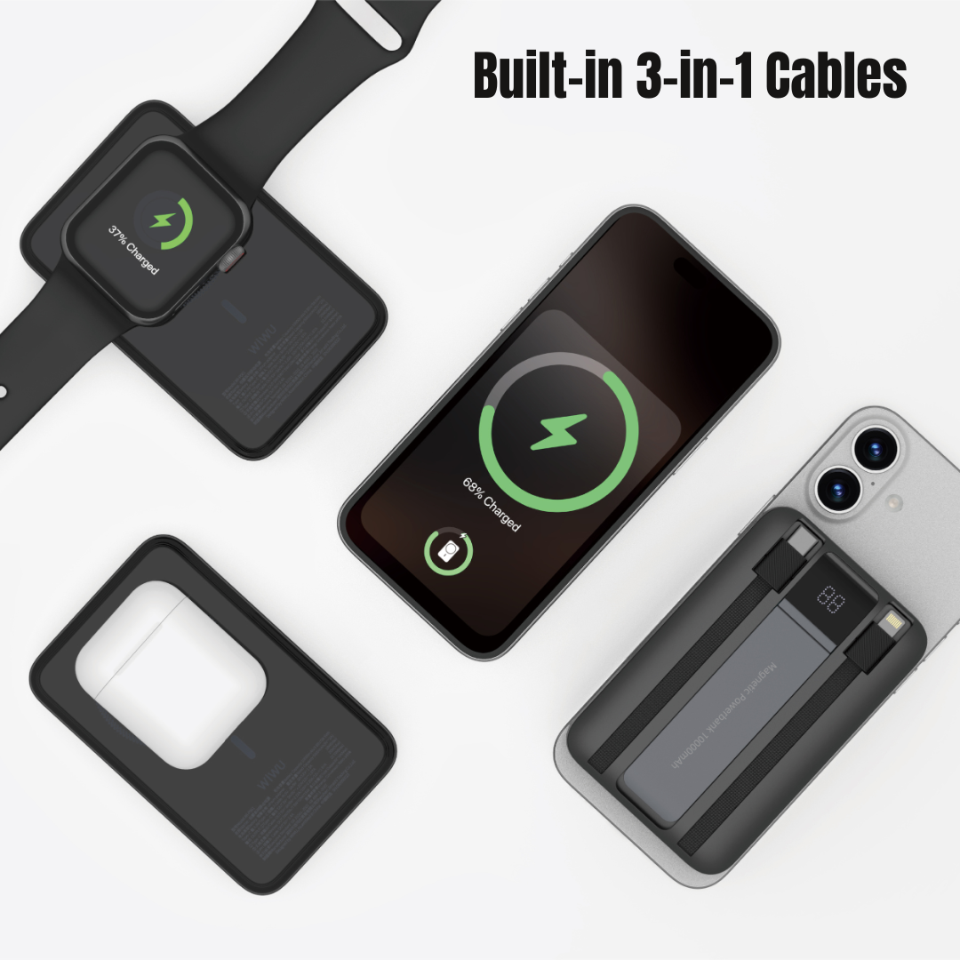 Black WiWU 10000mAh magnetic power bank with built-in 3-in-1 cables charging Apple devices