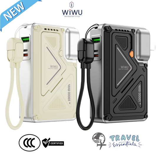 White and black WiWU 10000mAh magnetic power banks with built-in charging cables and digital display, ideal for travel charging