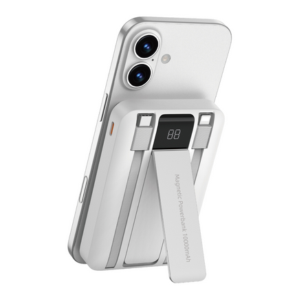 White WiWU 10000mAh magnetic power bank with digital display and foldable stand attached to the back of an iPhone