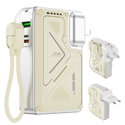 WiWU 10000mAh power bank with built-in international adapters, multiple USB ports, and detachable cable for worldwide travel charging